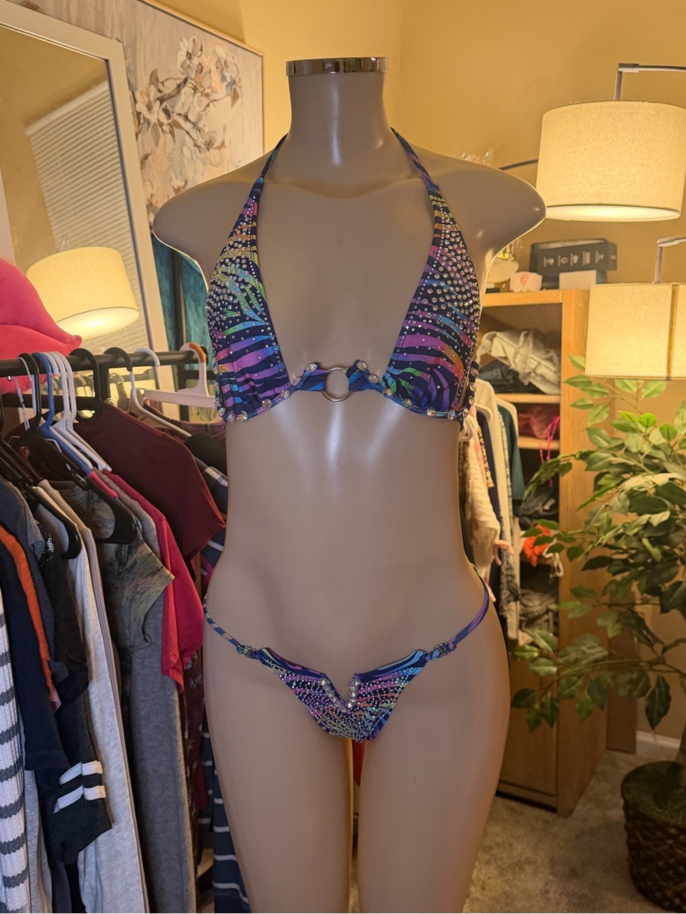 Custom Neon Zebra Rhinestone Competition Bikini Set S - Picture 2 of 9